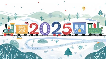 Whimsical 2025 Winter Holiday Train Scene Illustration