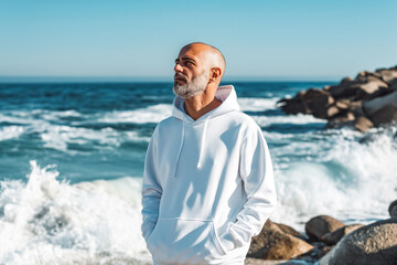 Middle aged man wearing blank white hoodie in beach outdoors. Mock up template for hoodie design, mockup print area for logo or design - Powered by Adobe