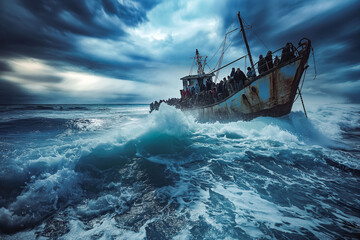 Migrants disembark in water from old ship. Refugees in boat crossing stormy sea. Growing illegal migration flows, problem of integration of migrants and immigrant