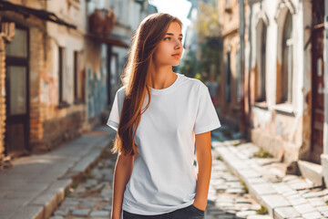 Fototapeta premium Mockup.Young girl in blank white tshirt in city street. Mock up template for t-shirt design print
