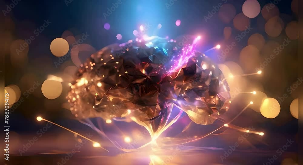 Poster human brain illuminated by colorful lights with neural connections symbolizing intelligence, ai gene