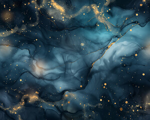 The image is a beautiful blue and gold painting of a starry night sky