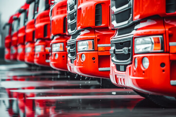 Naklejka premium Parking lot with row of new modern red trucks. Close up front.