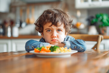 Unhappy small grumpy kid sitting in front of plate with healthy food in kitchen at home. Children...