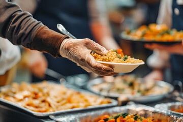 Volunteer hand serving meal to homeless people in shelter. Charity, donation, food distribution to poor people, food aid, food bank