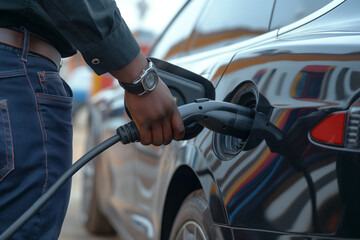 A man is filling up a black car with electricity - obrazy, fototapety, plakaty