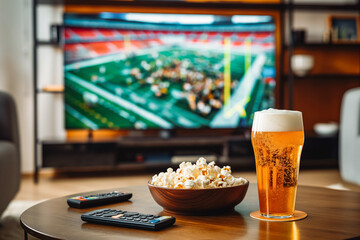 Watching football match o at home. View to glass of beer, bowl of popcorn, remote control on table in front of modern tv with American football stadium