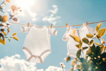 White baby clothes hanging on laundry line outdoors. Baby onesie bodysuits dries on rope in the fresh air on sunny day