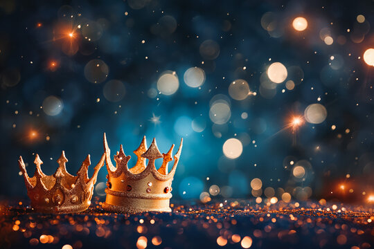 Three gold shiny crowns on festive background. Three Kings day or Epiphany day holiday celebration night background
