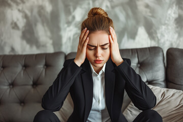 Young woman in black suit suffering from migraine headache sitting on couch at home.