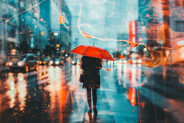 Young woman with umbrella walking in rainy day. City street in evening overcast weather. Double exposure effect with glitchy elements