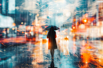 Young woman with umbrella walking in rainy day. City street in evening overcast weather. Double exposure effect with glitchy elements