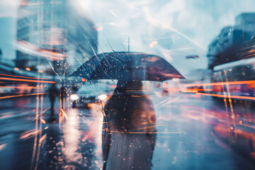Young woman with umbrella walking in rainy day. City street in evening overcast weather. Double exposure effect with glitchy elements