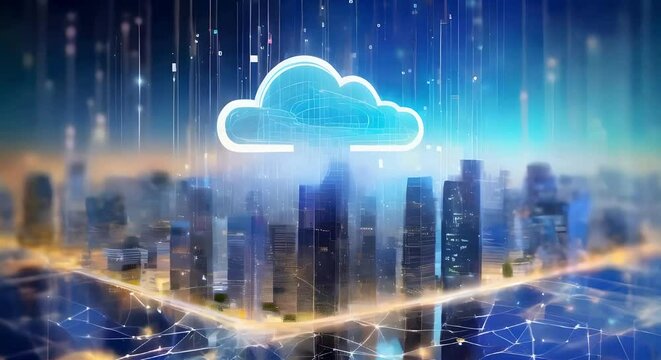 Digital cloud over cityscape with rainfall and digital light, cloud computing and data connectivity in an urban environment, AI generated 4k, loop video.