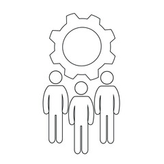 contour line icon, teamwork, symbol of teamwork people and gear, pictogram, silhouettes of human figures, colleagues, collaboration, symbol of business direction, illustration highlighted on a white b