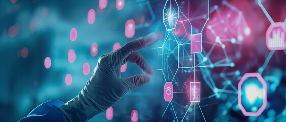 A hand is touching a computer screen with a blue background