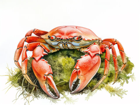 A crab is sitting on a mossy rock
