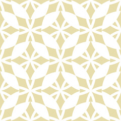 Geometric abstract seamless pattern. Vector gold and white background. Modern geo leaf ornament, floral silhouettes. Texture with diamonds, stars, grid, curved shapes, repeat tiles. Golden design