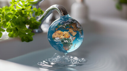 Environmental Protection; Earth-like droplet from faucet, a drop of Earth-shaped water hanging precariously from a modern, chrome faucet