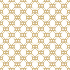 Vector golden geometric seamless pattern with rounded grid, net, mesh, lattice, circles, curved lines. Simple abstract gold and white background. Geometrical ornament texture. Luxury repeated design