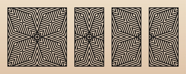 Decorative stencils for laser cut. Vector panels with abstract geometric pattern, quirky lines, stripes. Modern oriental style ornaments. Template for cnc cutting of wood, metal. Aspect ratio 1:1, 1:2