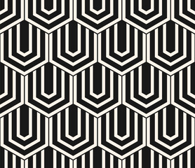 Vector geometric seamless pattern with hexagons, lines. Black and white abstract minimal background with hexagonal grid. Simple monochrome texture. Dark repeated geo design for decor, print, textile