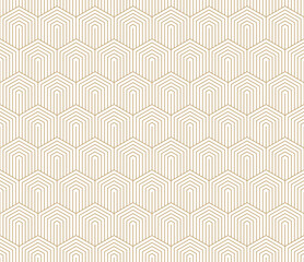 Golden vector seamless pattern with hexagons, lines. Gold and white abstract geometric background with outline hexagonal grid. Simple linear texture. Luxury repeated design for decor, print, wallpaper