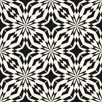Geometric abstract seamless pattern. Vector black and white background. Modern geo ornament with floral silhouettes, mosaic. Texture with diamonds, stars, mosaic grid, repeat tiles. Repeatable design