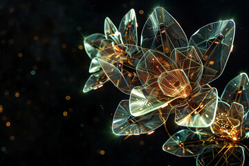 Behold the beauty of tech-themed innovation as abstract futuristic flowers bloom with glowing edges and geometric patterns,