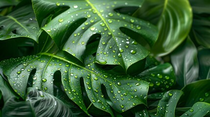 Close-up lush green monstera leaves adorned with rain or dew drops in a tropical setting at dawn