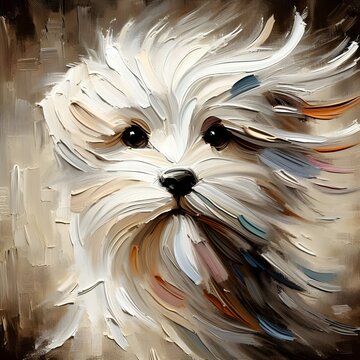 This painting depicts a white dog with its fur blown to one side by the wind.
