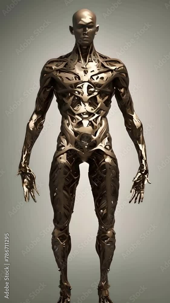 Poster futuristic humanoid robot featuring a complex metallic design with intricate patterns, metallic desi