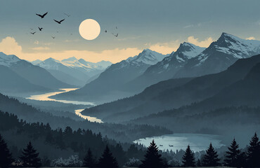 sunrise over the mountains blue gry with birds flying and riverbank