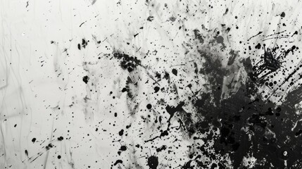 Fototapeta na wymiar Black ink splatters on a white background. An abstract background of black oil paint splatters in front of a white wall.
