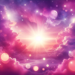 Fototapeta premium Purple unicorn background. Pastel watercolor sky with glitter stars and bokeh. Fantasy galaxy with holographic texture. Magic marble space.