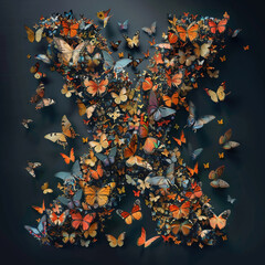 Alphabet made of butterflies on black background. Letter X. 3d rendering