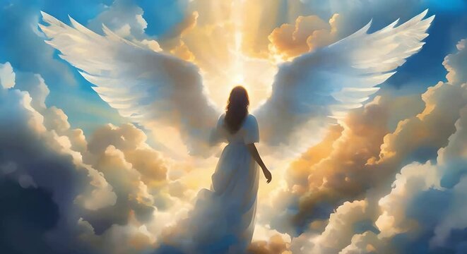 Angel statue above clouds at sunrise, symbol of hope, AI generated 4k, loop video.