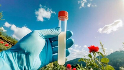 A hand wearing latex or rubber gloves holding up a test tube with liquid with an outdoor garden and blue sky background - obrazy, fototapety, plakaty