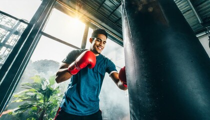 A man with red boxing gloves training with a punching bag at the gym