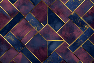 Intricate geometric patterns of gold and navy blue intersecting on a luxurious burgundy canvas, creating a regal digital masterpiece.