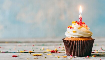 Festive Birthday Cupcake with Lit Candle and Colorful Sprinkles