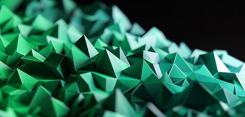 Meticulously arranged emerald and mint green polygons form a captivating visual feast against a pristine black backdrop 
