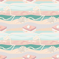 Fototapeta na wymiar Tropical summer seamless pattern. Boxes with pearls and shells background.