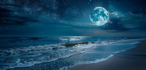 Moonlit night on a secluded beach, where the shimmering waves dance under the starry sky