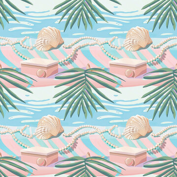 Tropical summer seamless pattern. Boxes with pearls, shells and exotic natural palm leaves.