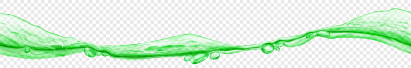 Long translucent water wave with air bubbles, in green colors with seamless horizontal repetition, isolated on transparent background. Transparency only in vector file
