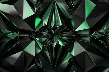 A kaleidoscopic fusion of matte black and emerald green, accentuated by sleek geometric patterns and reflective textures, casting an entrancing allure.