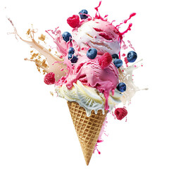 Delicious explosion of ice cream, cream, strawberries and blueberries