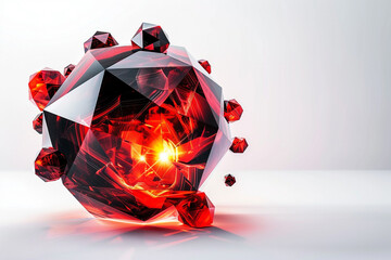 Vibrant geometric balls, ablaze in fiery red and deep black hues, dance boldly against a pristine white canvas.