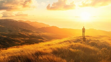 Person standing on hill during golden hour with sun setting over rolling hills